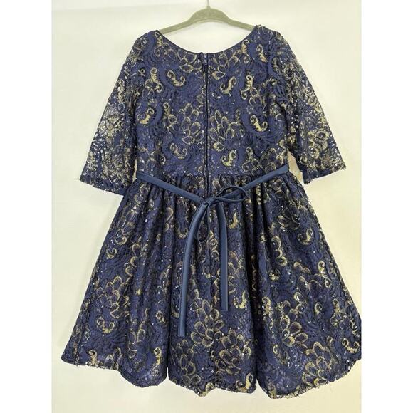 Sweet Kids Girls Blue Gold Lace Long Sleeve Midi Dress Sz 6 USA Formal Holidays - Picture 2 of 11